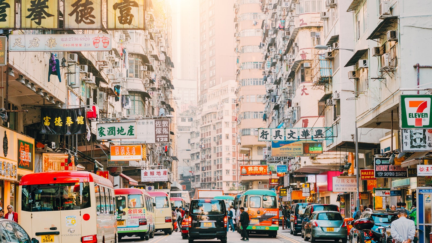 Hong Kong Street Scene, Mongkok District with busses